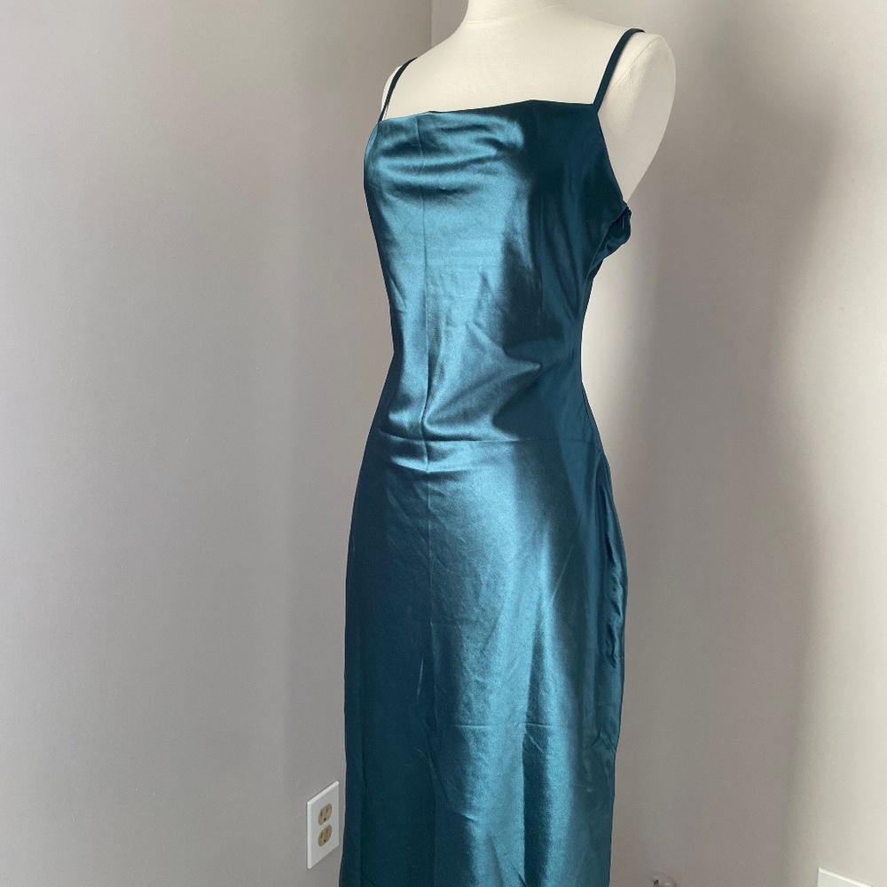 NWOT Stretch Satin Green Midi Dress with Cowl Neck and Side Slit